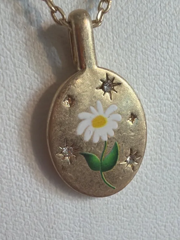Gold Plated Double Chain Pendant Necklace Painted Daisy Stars SU CZ CH Adj 19" - Image 2