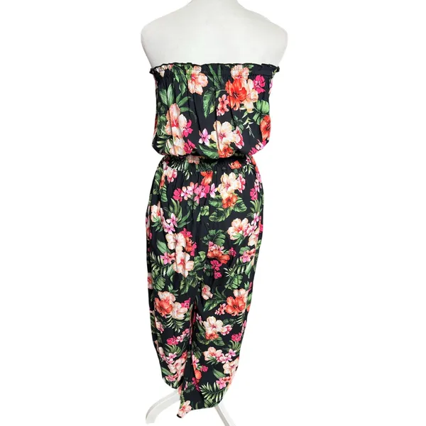 Bar III Black Tropical Floral Strapless Split Leg Jumpsuit Medium - Image 3