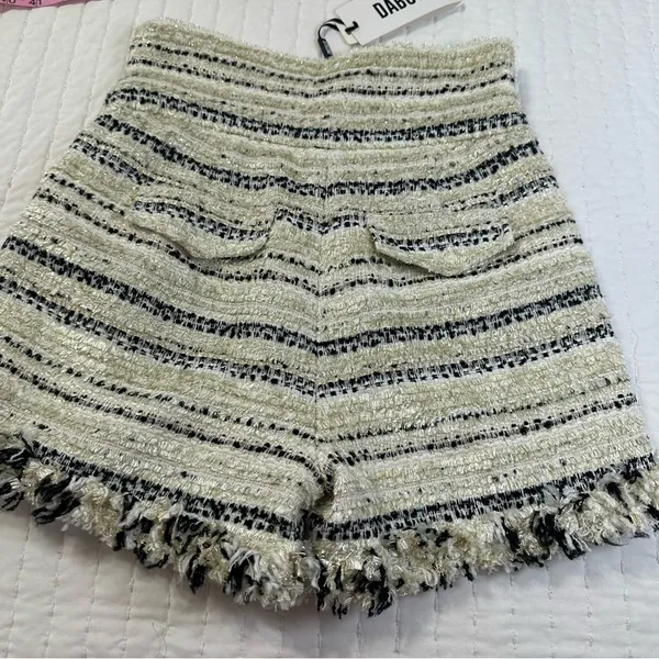 Elegant Wool Blend Golden High Waist Festive Striped Fringe Shorts in Size L - Image 16