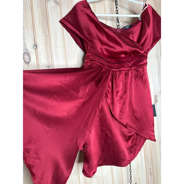 NWT Lulus Always Celebrating Burgundy Satin Off-the-Shoulder Mini Dress Party M - Image 5