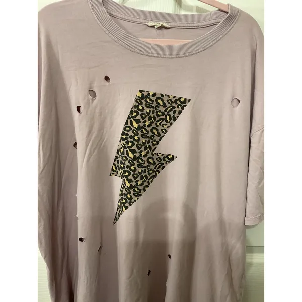 Easel Lilac Leopard Lightning Bolt Distressed Oversized Cotton Graphic Tee, M - Image 2