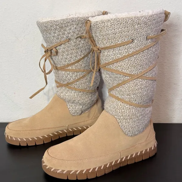 Muk Luks Womens Sweater‎ Knit Boots Mid Calf Size 9.5 Suede Leather Strappy Fur - Image 4