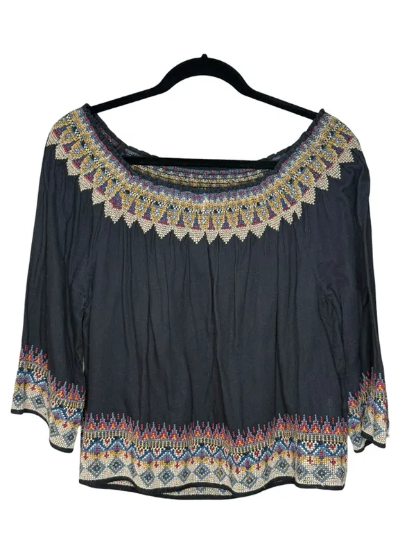 Joie 𖣴 Embroidered Festival Hippie Boho Off The Shoulder Peasant Top 𖣴 Black 𖣴 L - Image 2