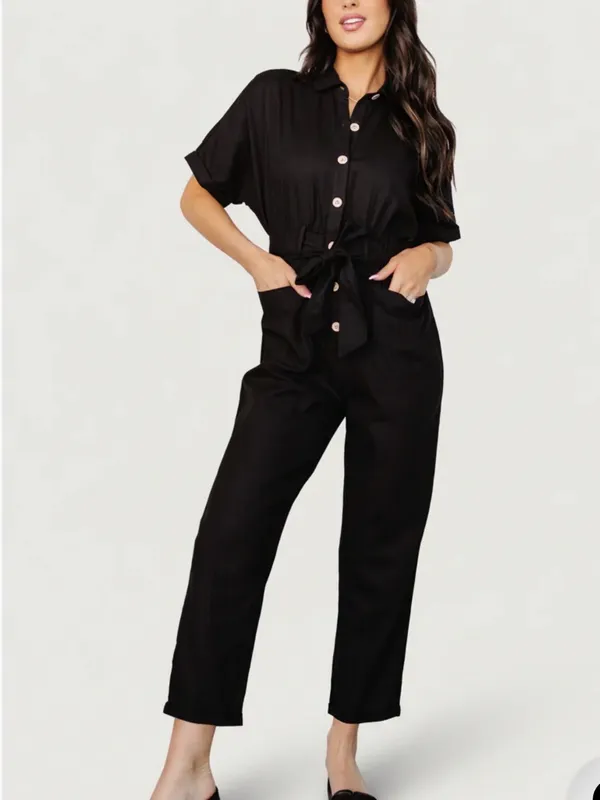 NWT Baltic Born Dallas Utility Jumpsuit Black Cotton Button Front Size Large - Image 2