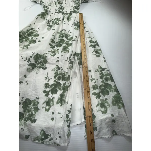 Saints + secrets Midi Dress White Olive Floral Puff Sleeve Scoop Neck‎ XS NWT - Image 2