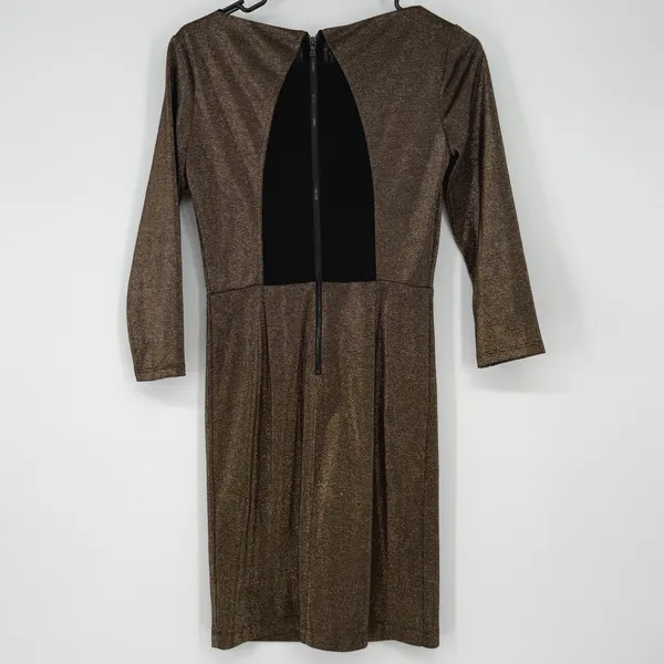 Alice + Olivia Gold Metallic Lurex 3/4 Sleeve Mini Dress‎ Womens Size 2 Party - Image 3