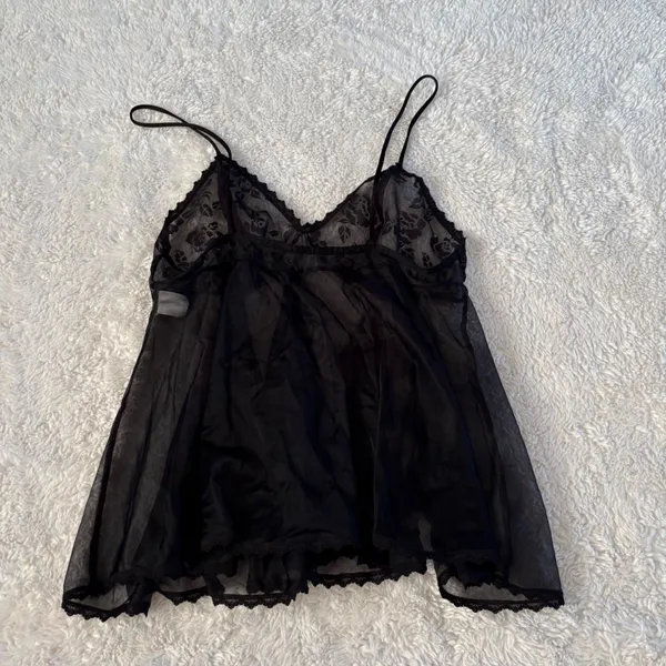 Womens Y2K Sheer Trim Floral Black Whimsigoth Babydoll Coquette M Made in USA - Image 2