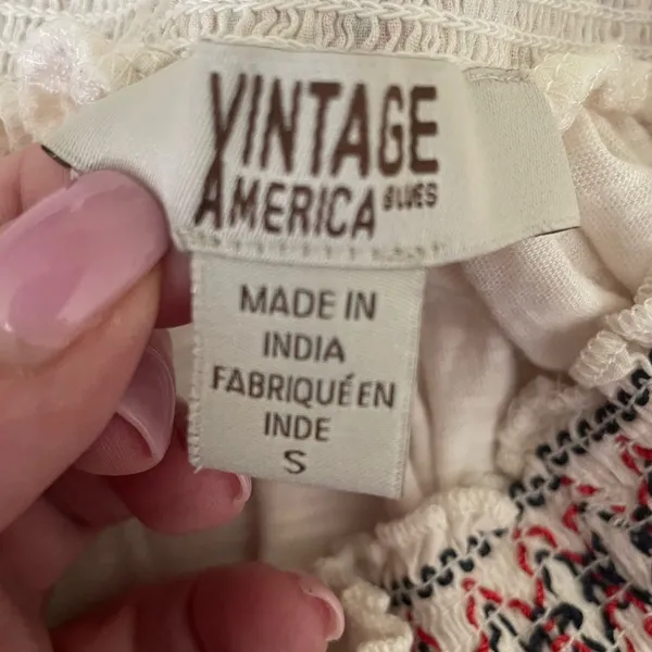 Vintage America Blues Women Top S Ivory‎ 3/4 Sleeve Embroidered Boho Festival - Image 2