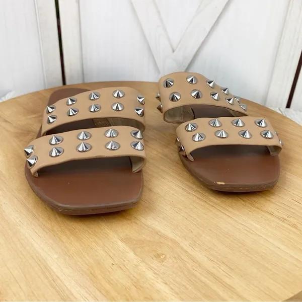 Nine West Brynli3 Studded Dual Strap Slide Sandals‎ Tan Silver 7 - Image 5