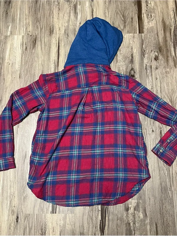 American Eagle Outfitters Distressed Hooded Plaid Flannel Shirt Women Size Small - Image 7