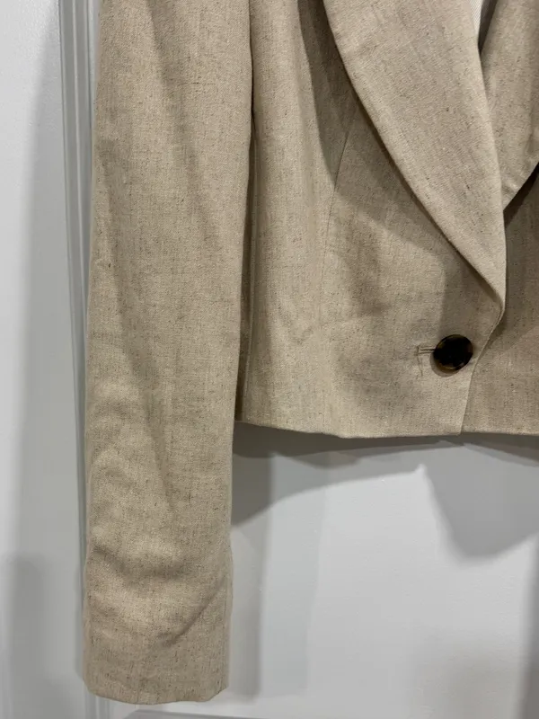 ZARA Beige Linen Blend Cropped Blazer Jacket Single Button Neutral Beige XS - Image 4