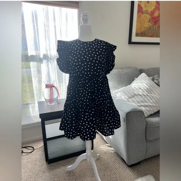 ENGLISH FACTORY Black Polka Dot Ruffle Mini Dress XS Babydoll Pockets NWT - Image 5