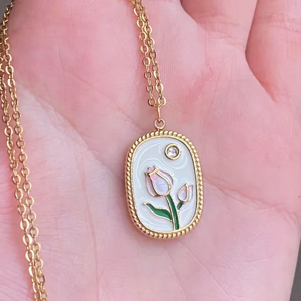 Handmade gold tone stainless steel cute chic tulip necklace🌷🩷 - Image 5