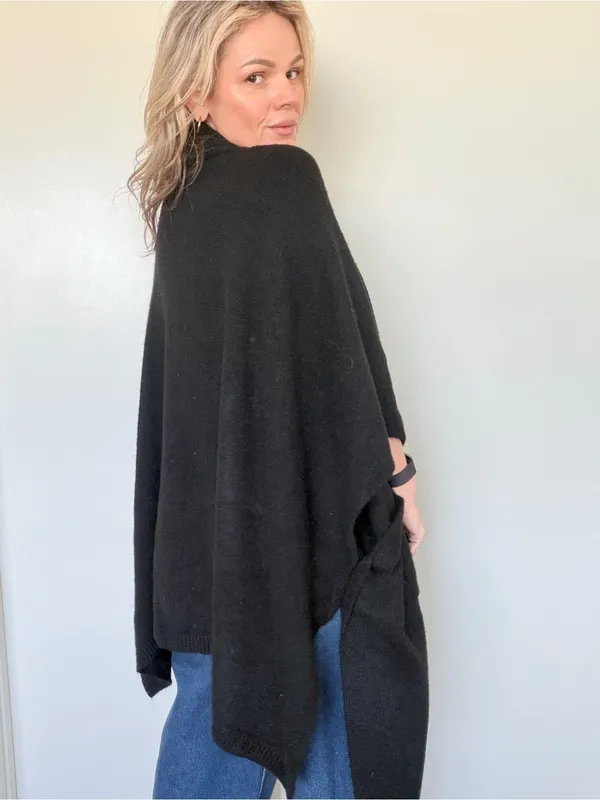 Free People Black Open-Front Knit Poncho with Pockets and Scarf ONE SIZE - Image 9