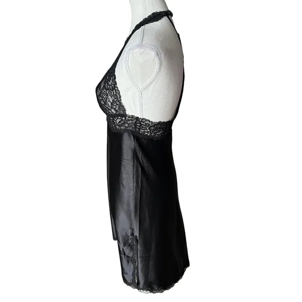 Victoria's Secret Black Satin Lace‎ Halter Chemise Nightgown Women's Small - Image 2