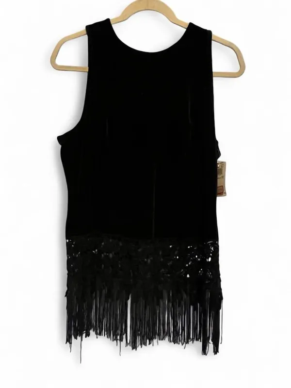 Papell Boutique Black Velvet Evening Top with Lace Trim beaded fringe button 14 - Image 2