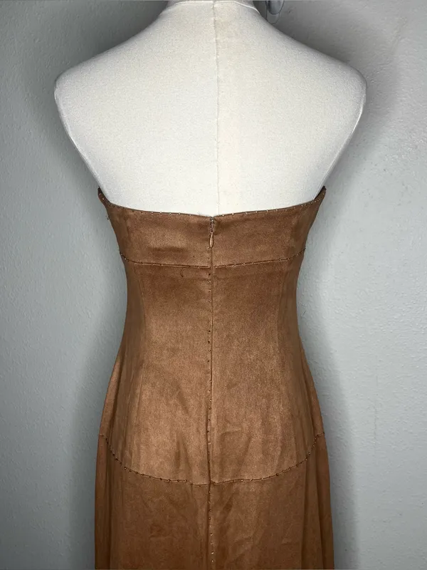 Vintage BCBG Brown Faux Suede Beaded Paneled Strapless Maxi Dress - Image 4