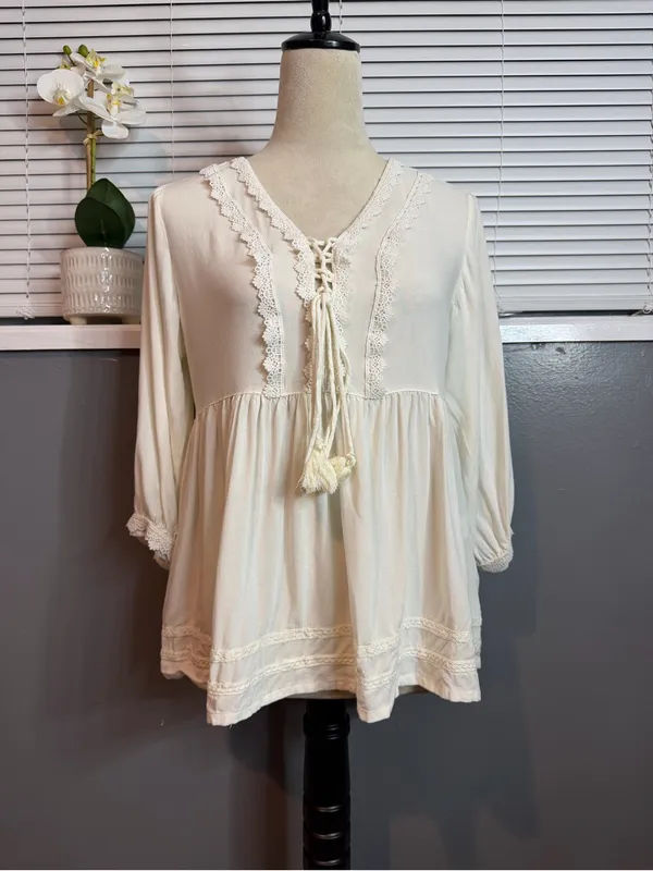 Janasya Ivory Lace Up Babydoll Top Medium Boho Crochet Trim Peasant Blouse - Image 3