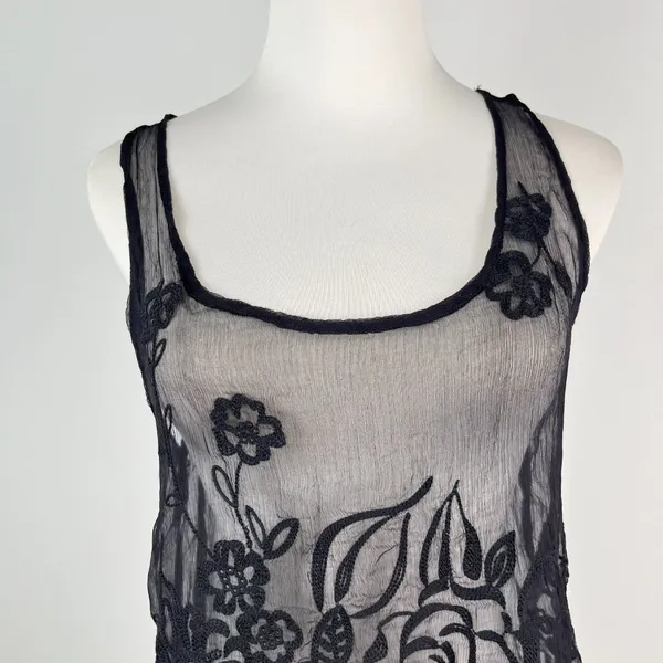 NWOT Johnny Was Silk Black Sheer Floral Embroidered Lace Tank Top Sz S - Image 3