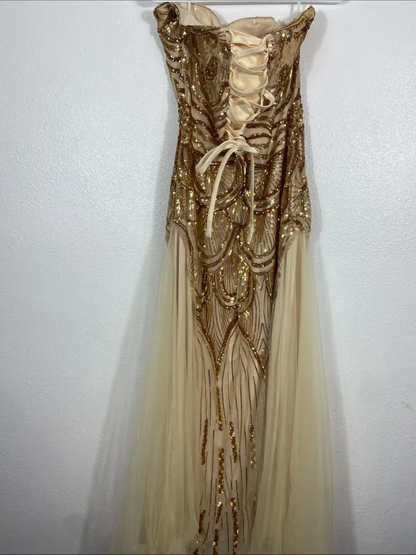 Strapless Gold Sequin Evening Column Dress Size L - Image 7