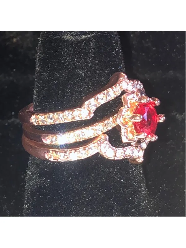 Elegant Rose Gold Tone Red Gemstone Ring Stack with Crystal Accents - Image 2