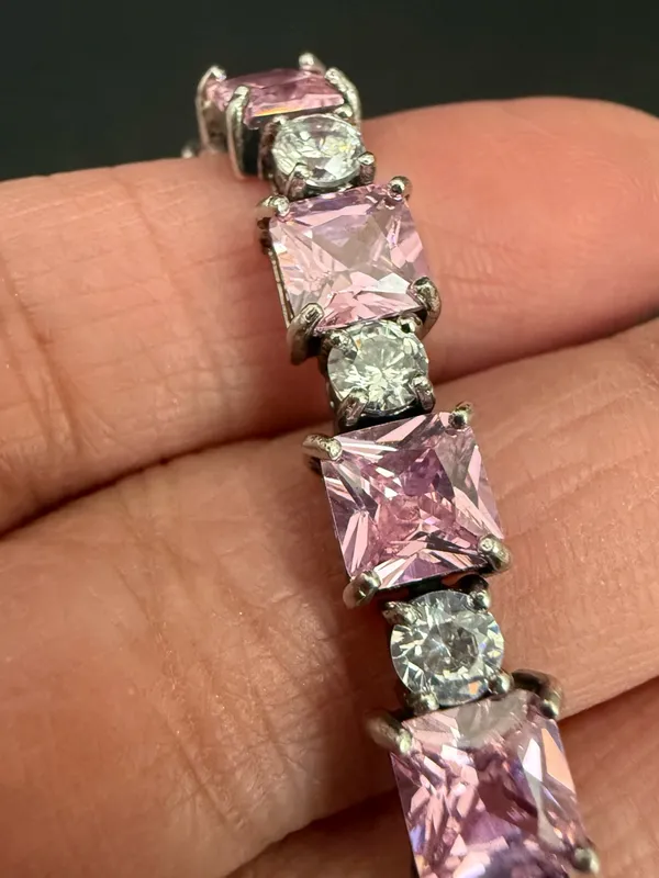 Vintage 925 Sterling Silver Princess Cut Pink CZ & Clear Round Tennis Bracelet - Image 16