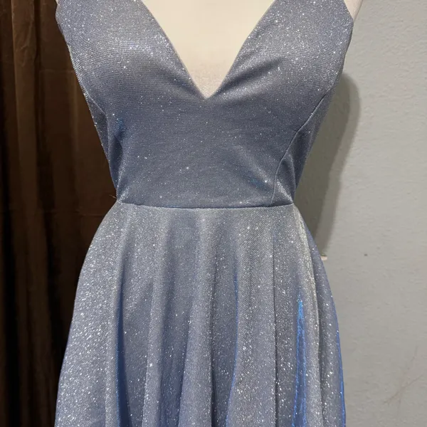 Windsor Light Blue Glitter Skater Dress Siz S V-Neck Lace Up Back Mini Prom Glam - Image 12