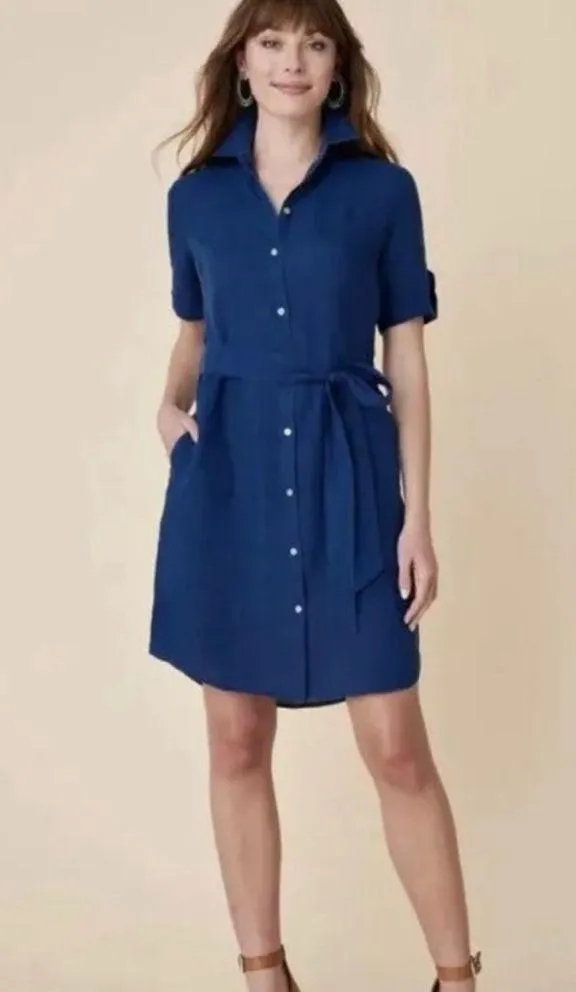 Untuckit Womens Dress Blue Button Front Belted Linen Short Sleeve Size 6 - Image 2