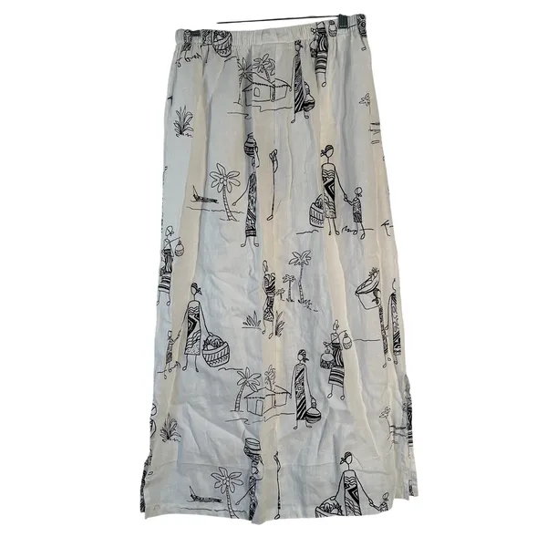 Hot Cotton‎ Marc Ware Linen Maxi Skirt L White Black Village Print Made in USA - Image 2