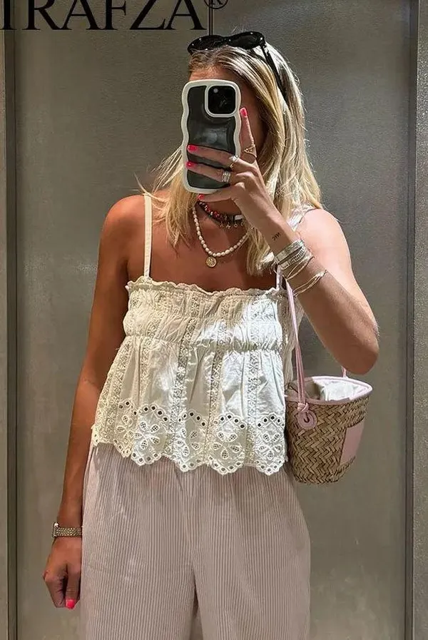 ZARA NWT Ecru EMBROIDERED STRAPPY TOP. Size XL - Image 4