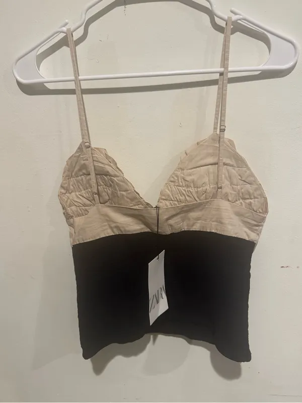 ZARA Two-Tone Ruched Bust Cami Dress - Beige & Black - Image 6