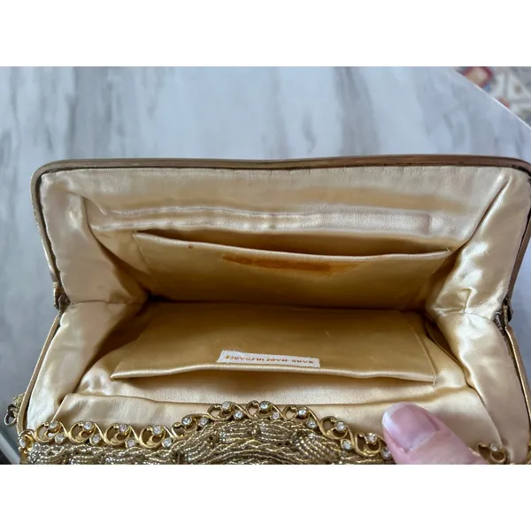Le Goût du Jour Gold Beaded Swirl Rhinestone Filigree 50s Wrist Bag - Image 9