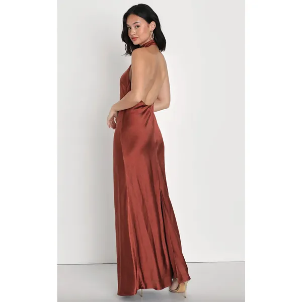 Lulus Love in Your Life Rust Brown Satin Halter Maxi Dress Formal Glam XL NWT - Image 4