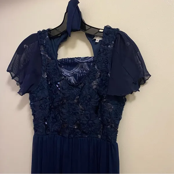 Emerald Sundae Womens Formal Maxi Dress S 32” Navy Blue Lace Sequin Top Pleated - Image 2