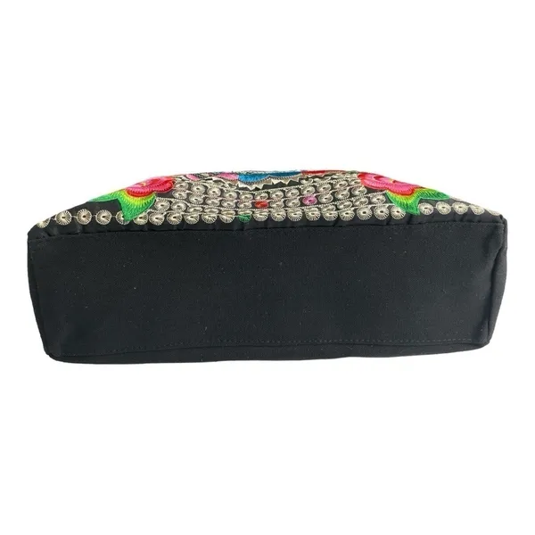 Guatemalan Embroidered Boho Floral Tote Bag Black Canvas Coin Trim - Image 5
