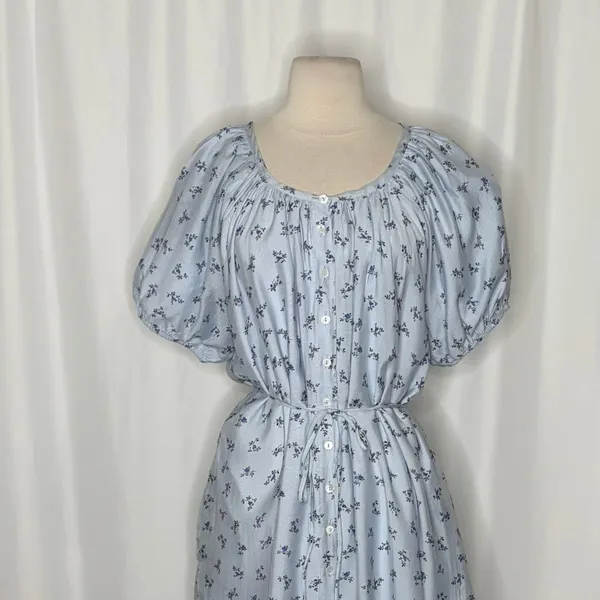 ROOLEE Wandering Free Blue Floral Dress Midi Tie Waist Buttons Raglan Small - Image 3