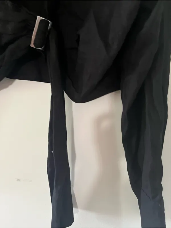 NWT Zara Black Linen Blend Cropped Long Sleeve Wrap Shirt XL Tie Front Coastal - Image 5