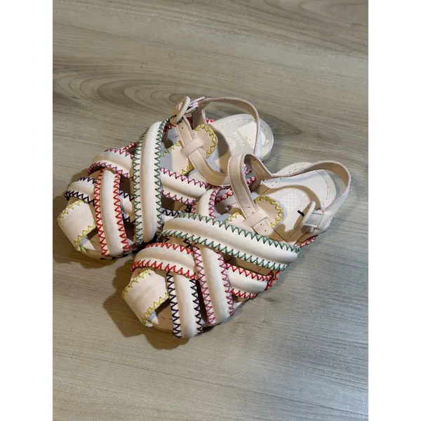 Farm Rio Zigzag‎ Stitch 5 Nude Pink Multi Color Stitch Strappy Slingback Brazil - Image 5