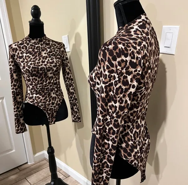 Mock Neck Slim Fit Bodysuit Blouse Top Tee Long Sleeve Animal Print Leopard Stir - Image 2
