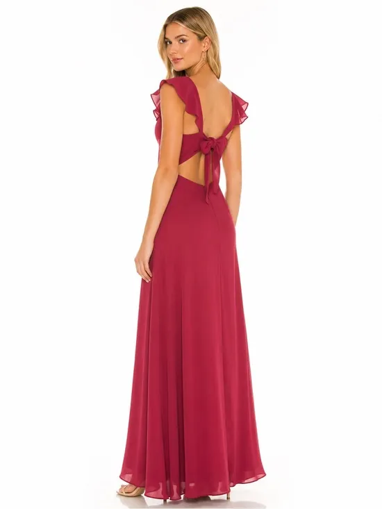 Lulus NEW Sweetest Entrance Dark Magenta Ruffled Tie-Back Maxi Dress Bridesmaid Chic - Image 2