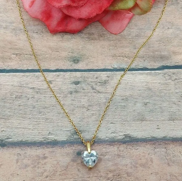 Gold Tone Chain Dainty Chrystal CZ Heart Pendant Minimalist Gift 18.5 Inches - Image 2