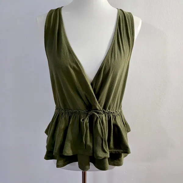 J.Crew Peplum Wrap Top Large Olive Green Cotton Tiered Ruffle Sleeveless V-Neck - Image 2