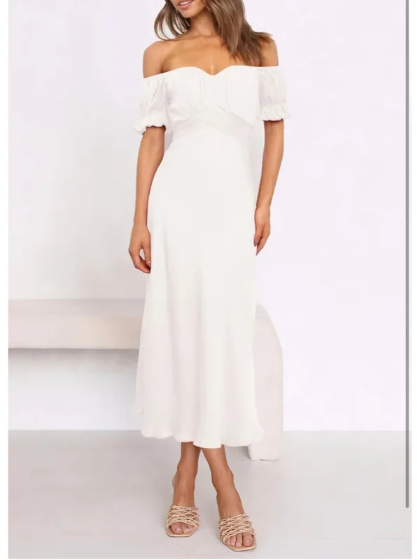 NEW Elegant Off Shoulder Short Sleeve Ruffle Mermaid Hem Belted Midi Dress S - Image 4