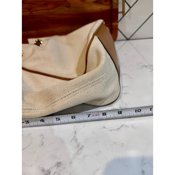 Michael Kors Montauk canvas shoulder bag cream fabric brown leather handles Y2K - Image 14