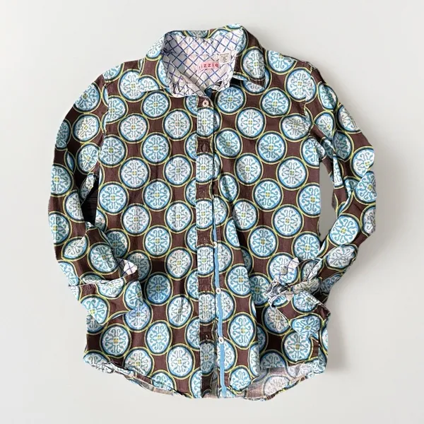 Tizzie Womens Blue contrast medallion geometric fitted stretch button up shirt S - Image 5