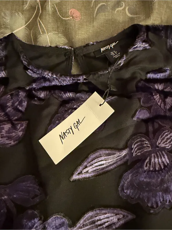 Nasty Gal Black Dress with Purple Floral Burnout - Image 6