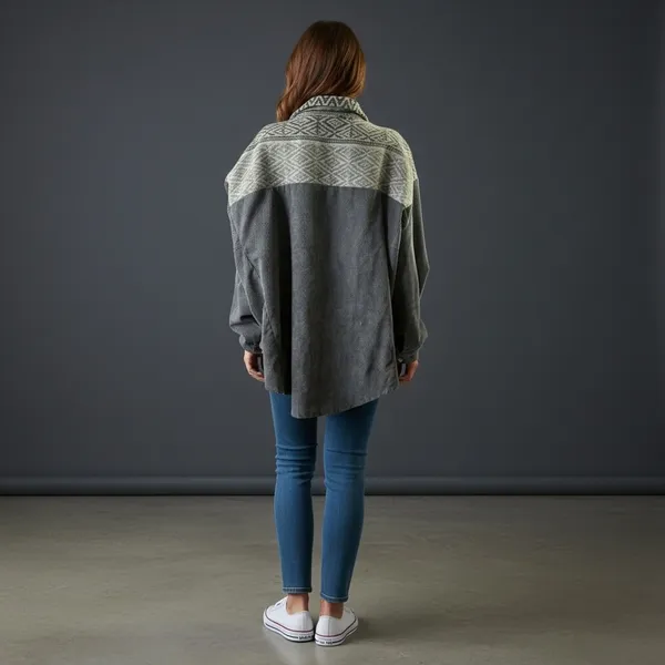 Davi‎ & Dani Womens 1XL Grey Aztec Corduroy Mixed Media Oversized Shacket Jacket - Image 2