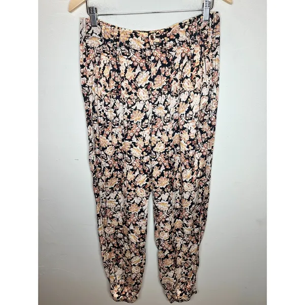 Anthropologie Floral Tapered Pants Womens 4 Black Orange Ankle Zip Boho Casual - Image 5