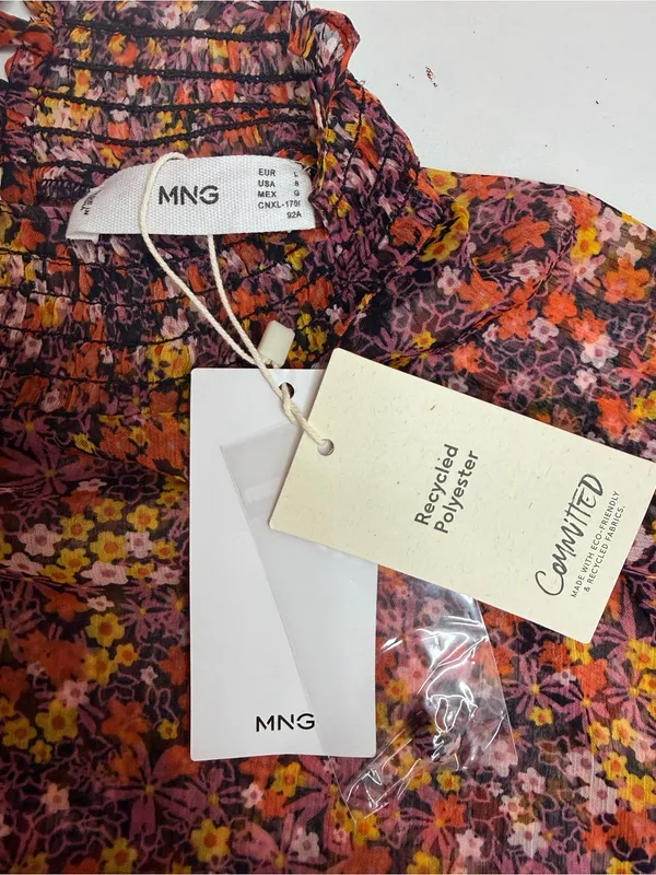 Mango Sheer Floral High-Neck Balloon Sleeve Blouse Size 8 - Image 5