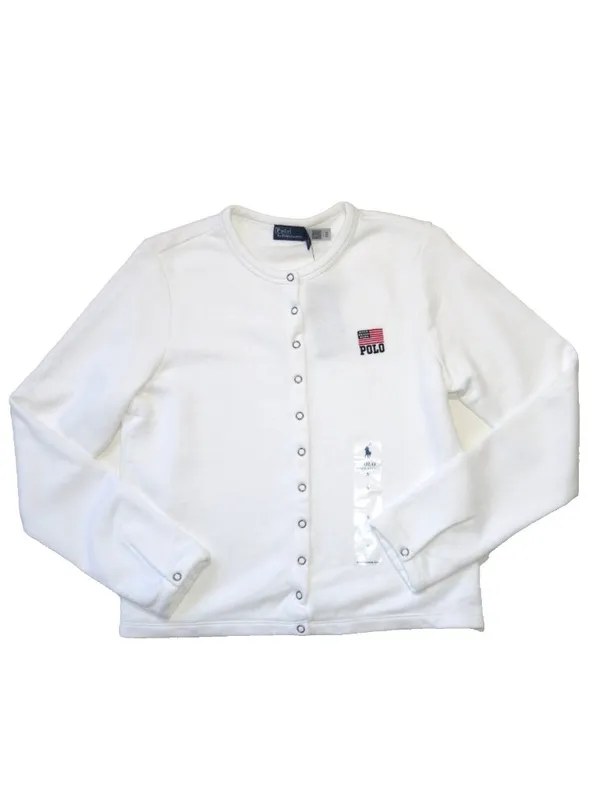 NWT Polo Ralph Lauren Logo Flag French Terry Cardigan in White Sweater S - Image 4
